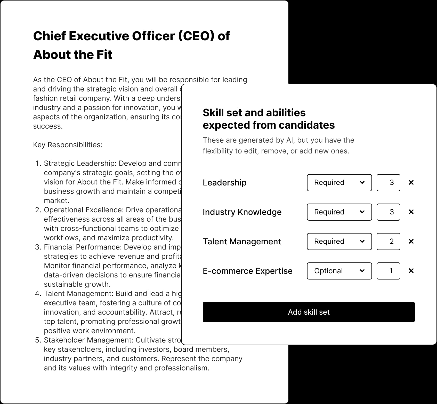 A job description with a skills form automatically generated by AI, including the expected skill sets and abilities required from the candidate